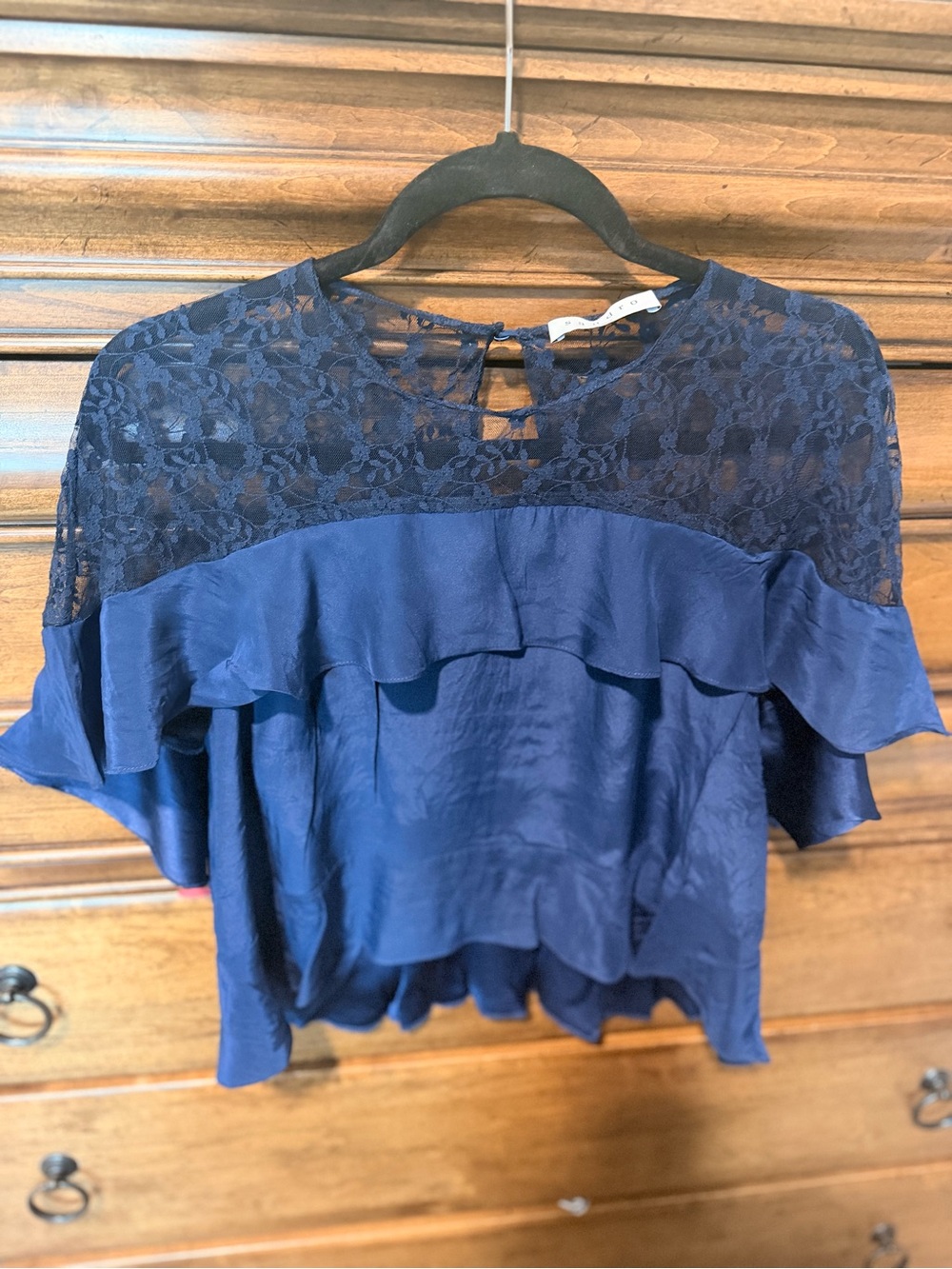 Sandro Paris silk Navy Lace Yoke Ruffle Blouse